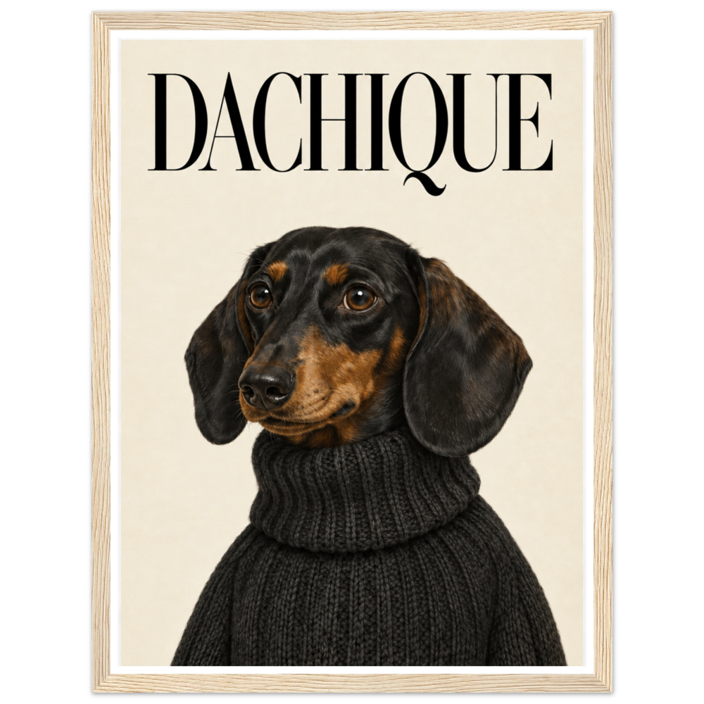 Black-and-tan dachshund in a dark knitted jumper beneath DACHIQUE lettering in a natural wood frame.