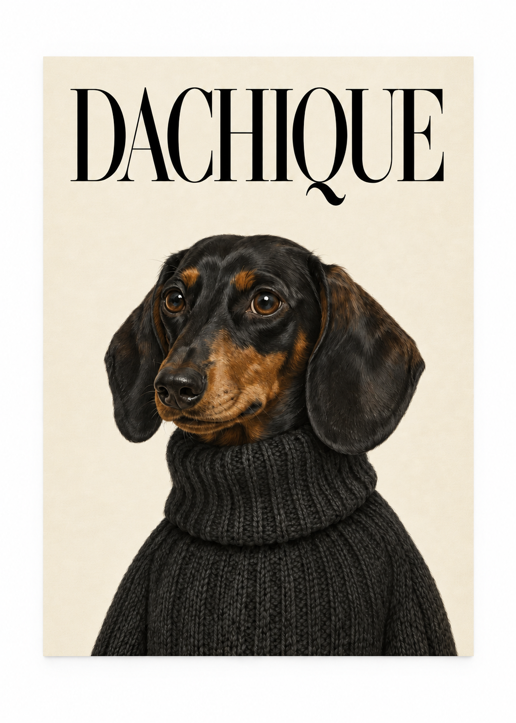 Black-and-tan dachshund in a dark knitted jumper beneath DACHIQUE lettering as an unframed poster.
