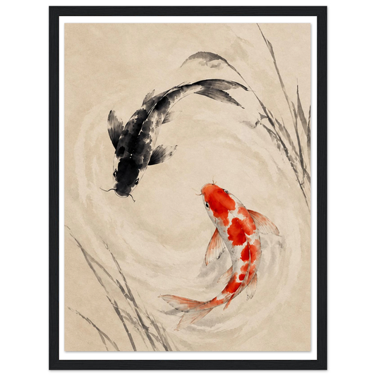 Red and black koi fish circling on a beige background with delicate reeds in a black frame.