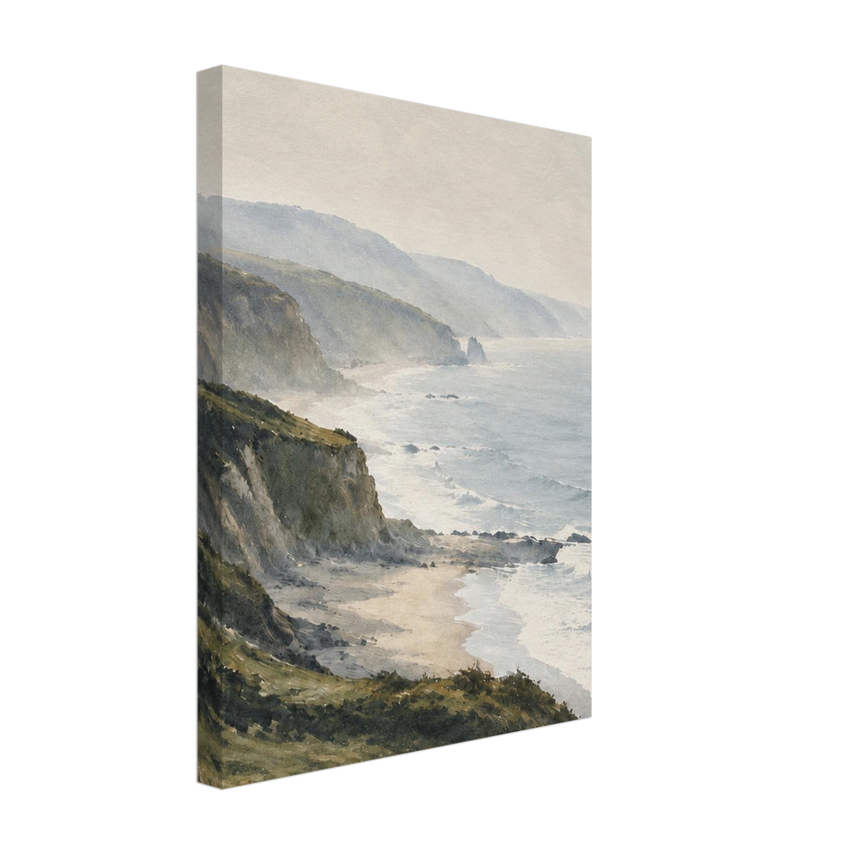 Green coastal cliffs and white surf beside a misty blue-grey sea as a canvas print.
