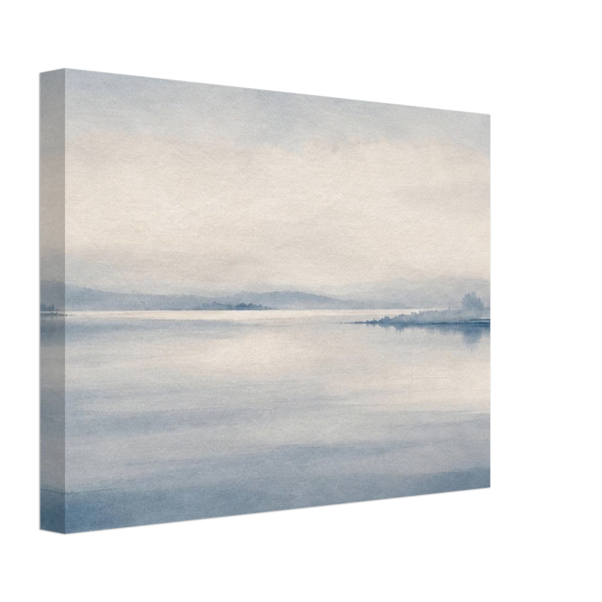 Still blue lake and a distant misty shoreline beneath a pale sky as a canvas print.