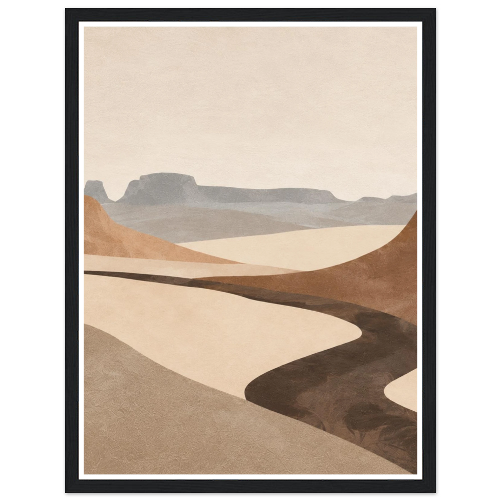 Dark winding river shape through beige desert dunes below grey mesas in a black frame.