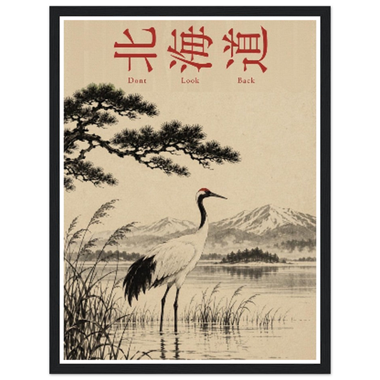 Crane among lakeside reeds beneath pine branches and red Hokkaido lettering in a black frame.