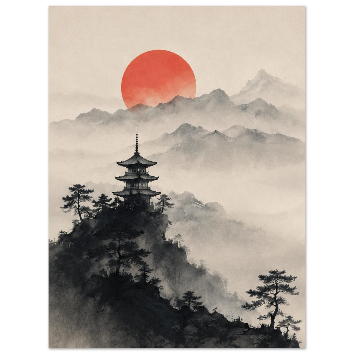 Pagoda above dark pine trees, misty mountains and a red sun on a cream sky as an unframed poster.