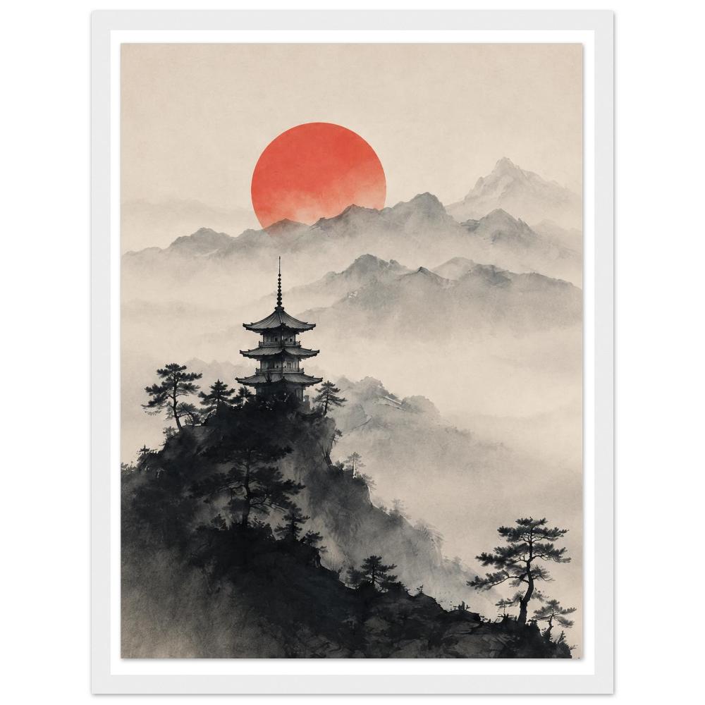 Pagoda above dark pine trees, misty mountains and a red sun on a cream sky in a white frame.