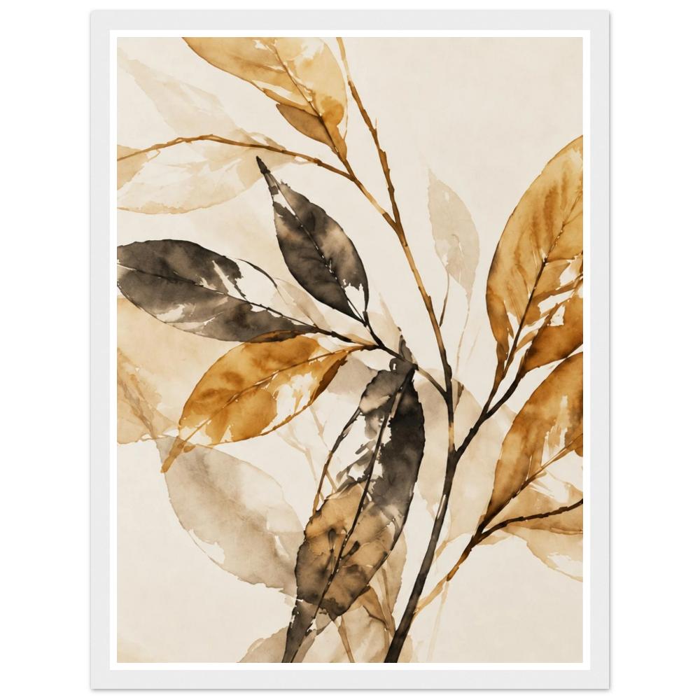 Ochre, charcoal and beige leaves on delicate branches against cream in a white frame.