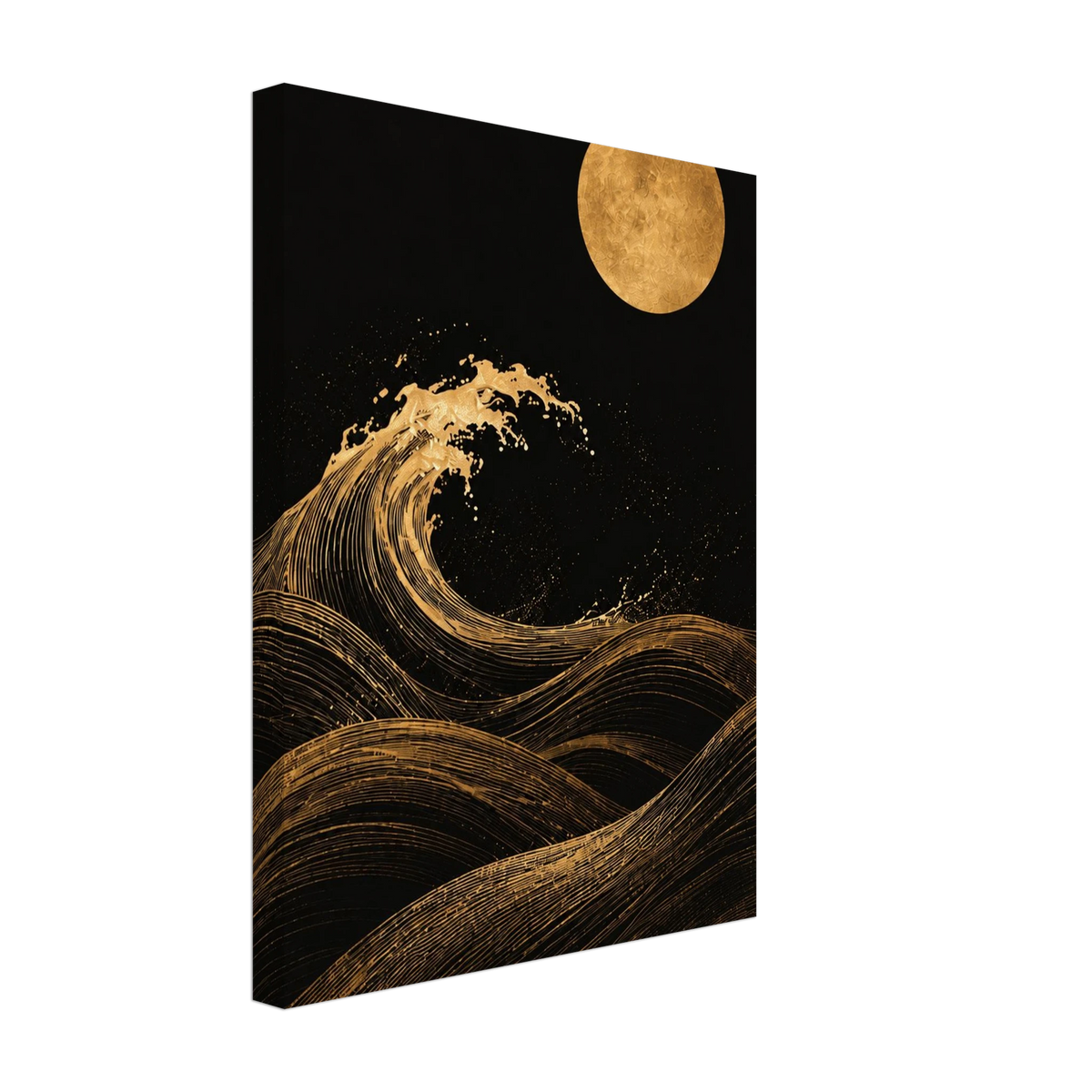 Gold-toned curling wave and full moon against a black night sky printed on canvas.