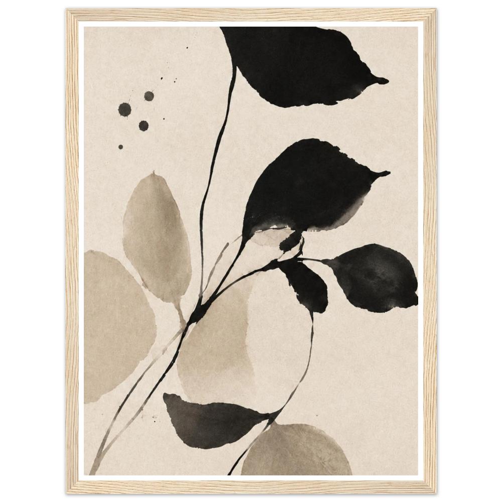 Black and taupe leaves on slender stems against a cream background in a natural wood frame.