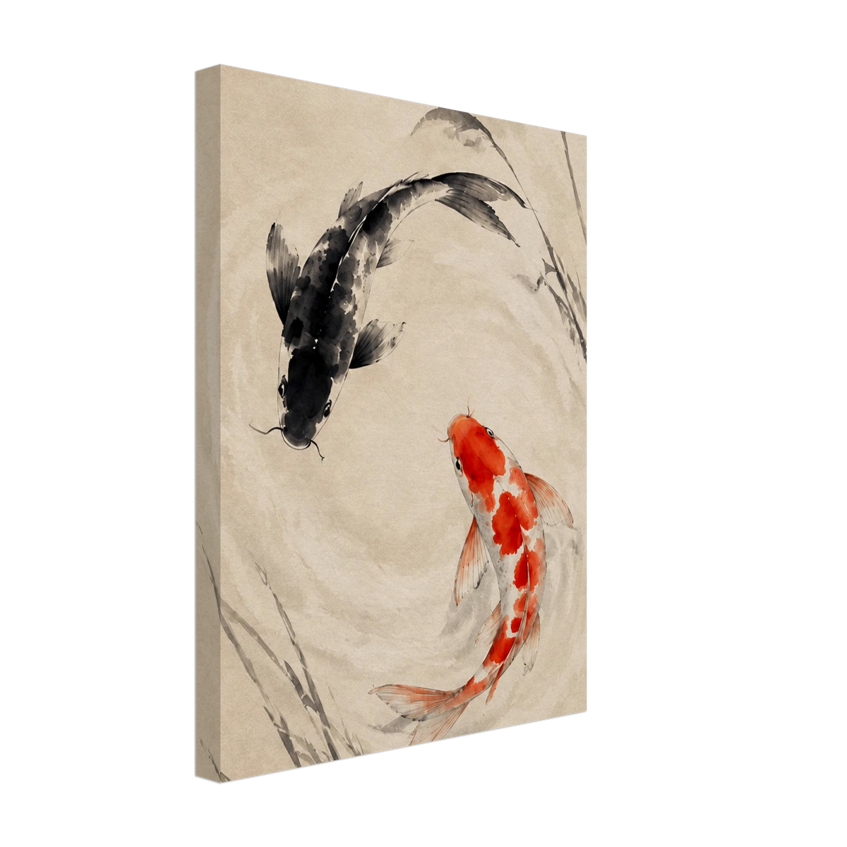Red and black koi fish circling on a beige background with delicate reeds printed on canvas.