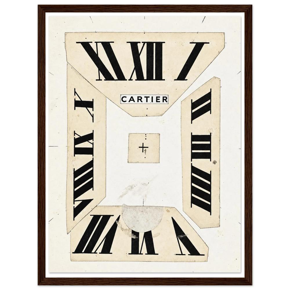 Fragmented ivory clock face with oversized black Roman numerals in a dark wood frame.
