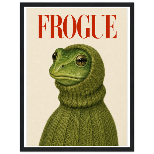 Green frog in a chunky green turtleneck beneath red FROGUE lettering in a black frame.