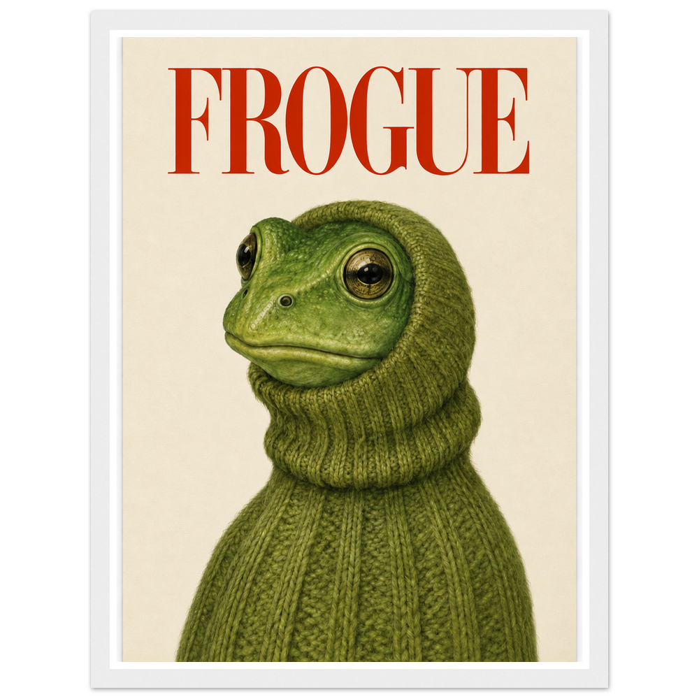 Green frog in a chunky green turtleneck beneath red FROGUE lettering in a white frame.