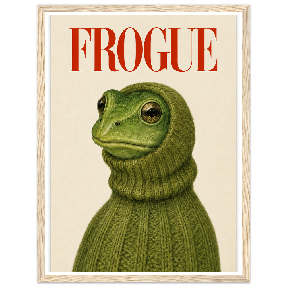 Green frog in a chunky green turtleneck beneath red FROGUE lettering in a natural wood frame.
