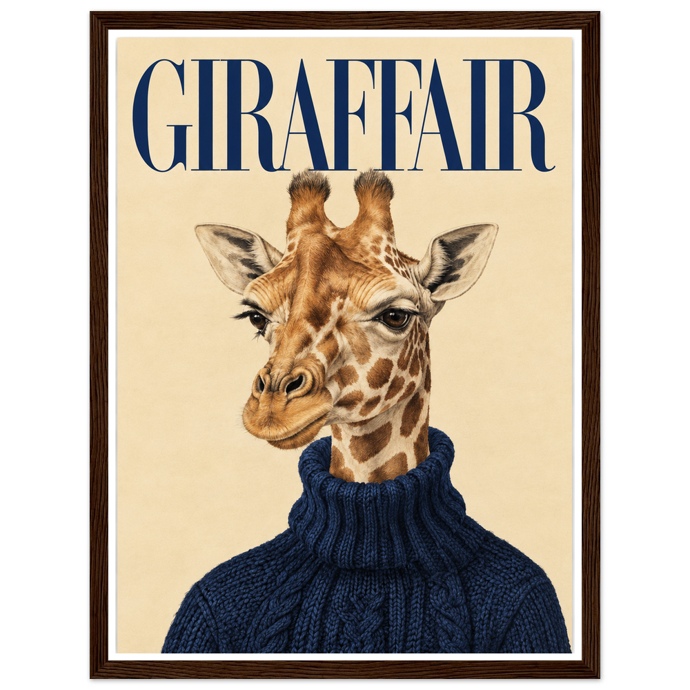 Giraffe in a navy cable-knit jumper beneath blue GIRAFFAIR lettering in a dark wood frame.