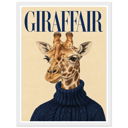 Giraffe in a navy cable-knit jumper beneath blue GIRAFFAIR lettering in a white frame.