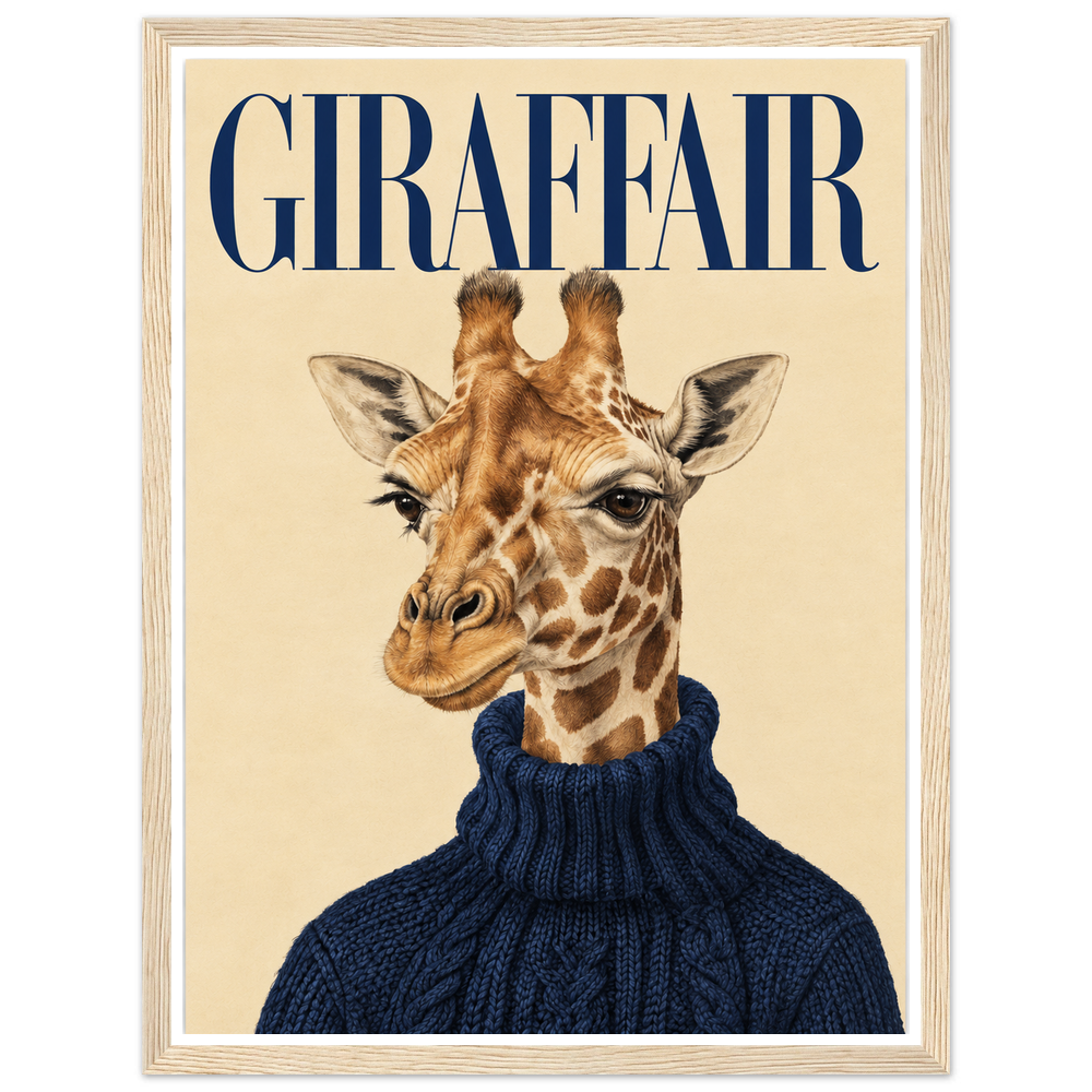 Giraffe in a navy cable-knit jumper beneath blue GIRAFFAIR lettering in a natural wood frame.