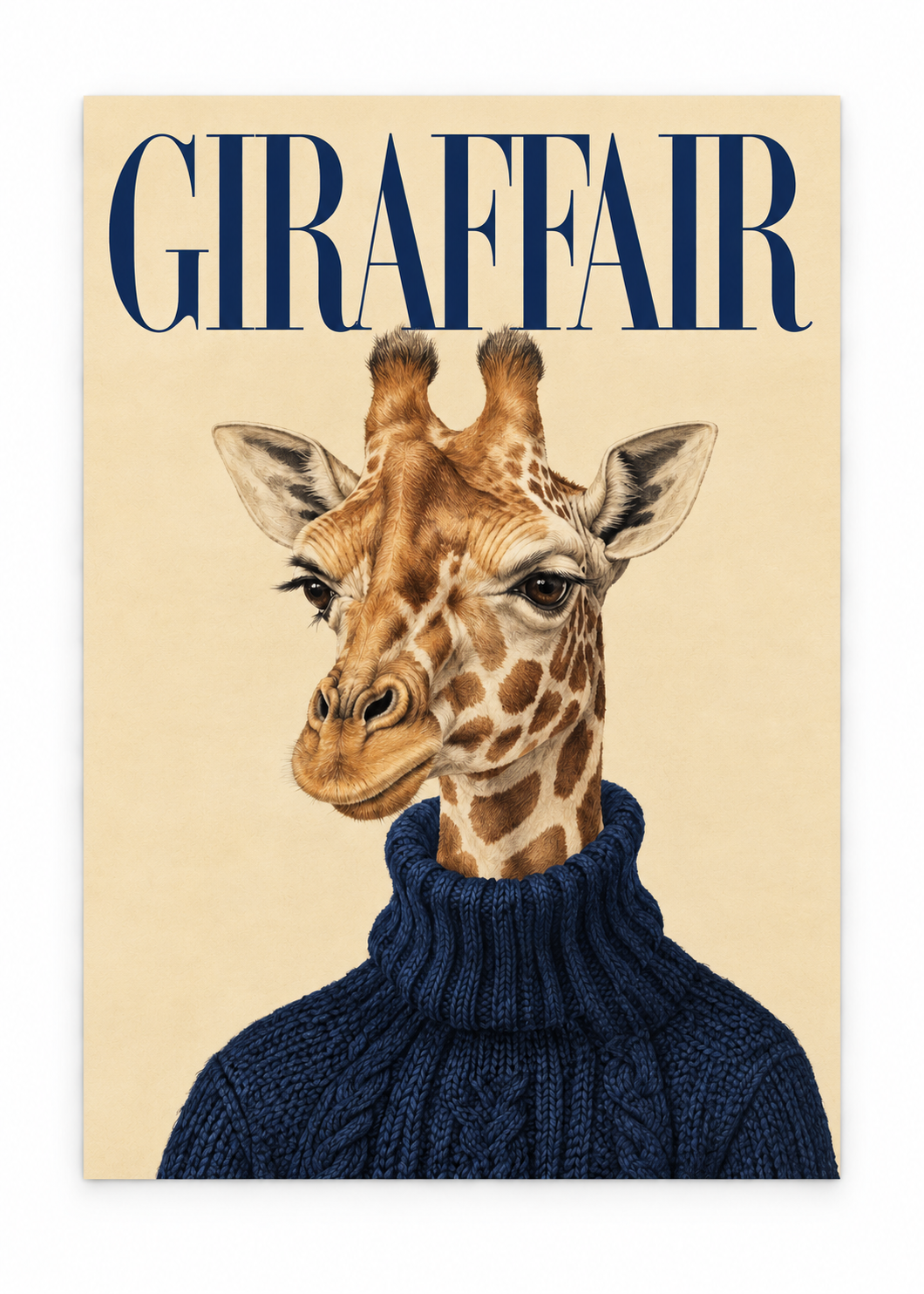 Giraffe in a navy cable-knit jumper beneath blue GIRAFFAIR lettering as an unframed poster.