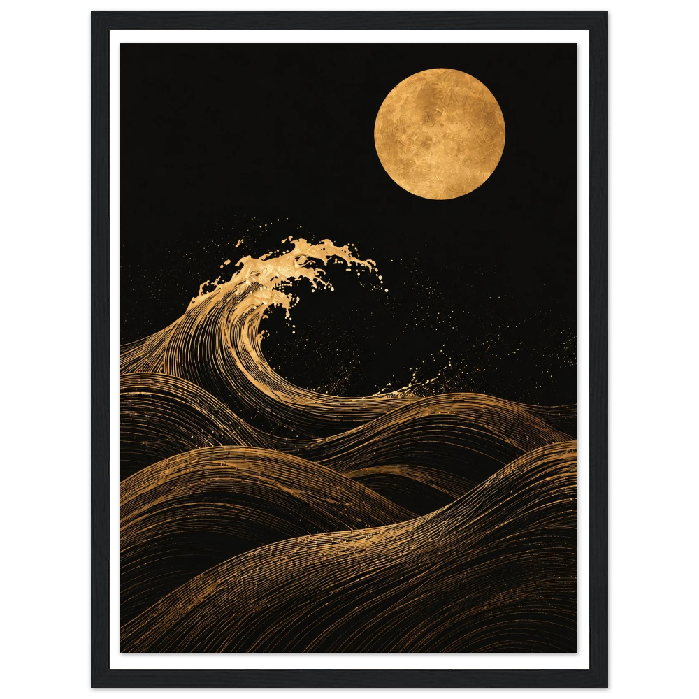 Gold-toned curling wave and full moon against a black night sky in a black frame.