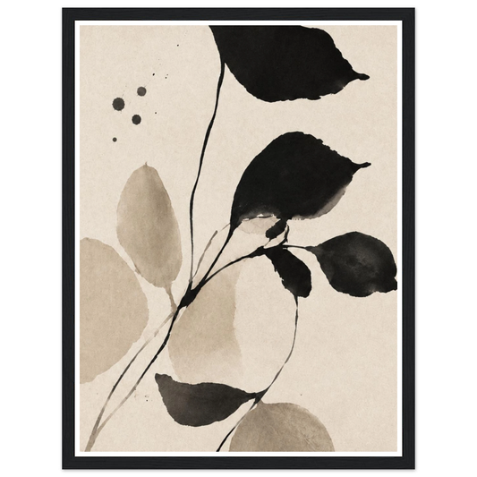 Black and taupe leaves on slender stems against a cream background in a black frame.