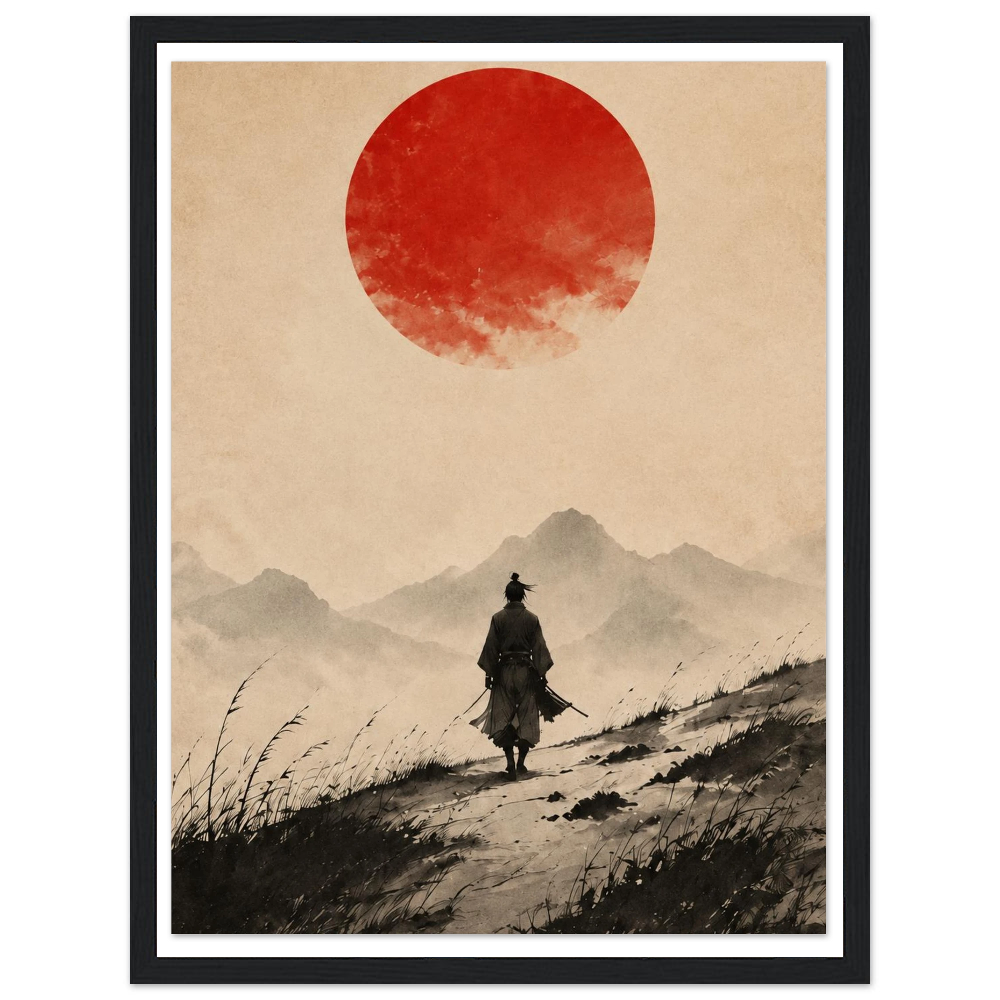 Lone samurai on a mountain path beneath a large red sun in a beige sky in a black frame.