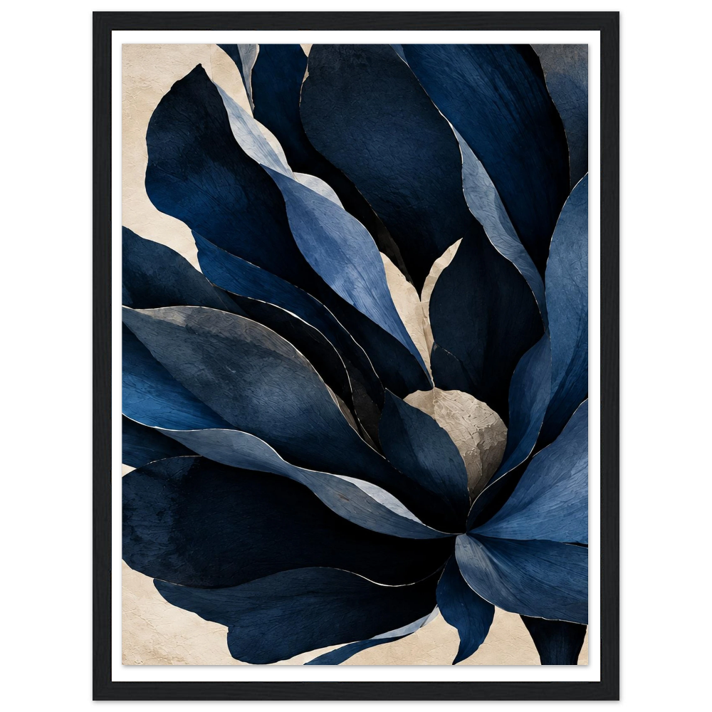 Oversized navy blue flower petals on a textured cream background in a black frame.