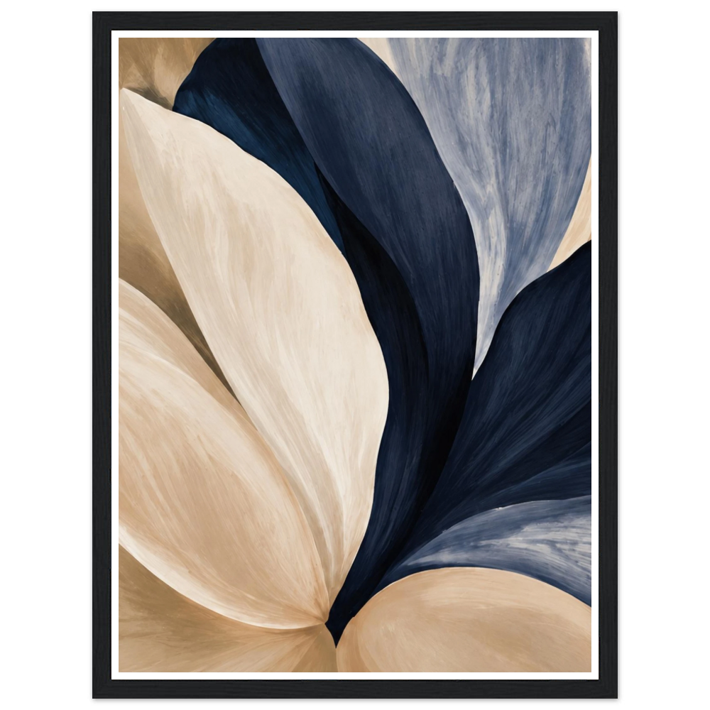 Overlapping navy, blue-grey and cream flower petals in close-up in a black frame.