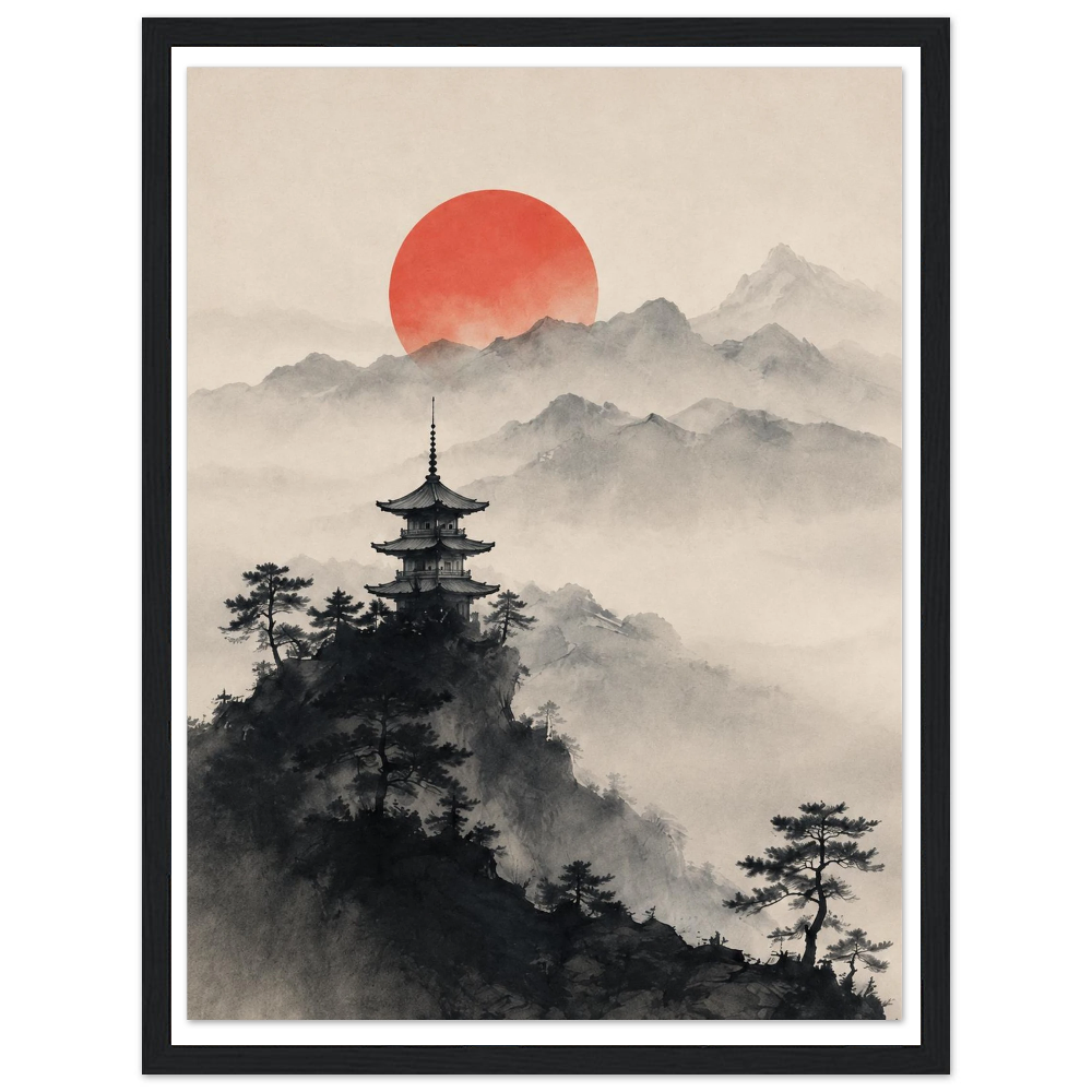 Pagoda above dark pine trees, misty mountains and a red sun on a cream sky in a black frame.