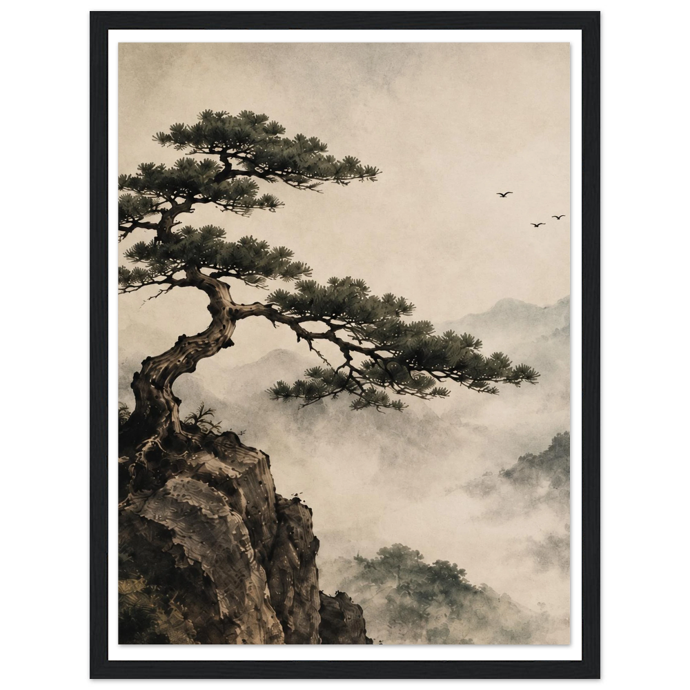 Pine tree reaching from a rocky cliff above misty mountains with birds in the sky in a black frame.
