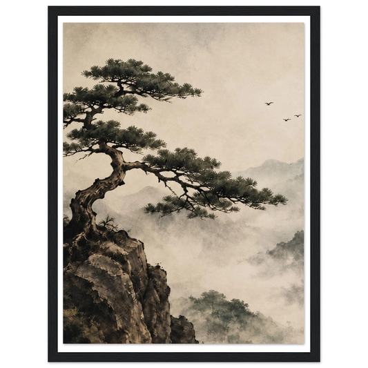 Pine tree reaching from a rocky cliff above misty mountains with birds in the sky in a black frame.