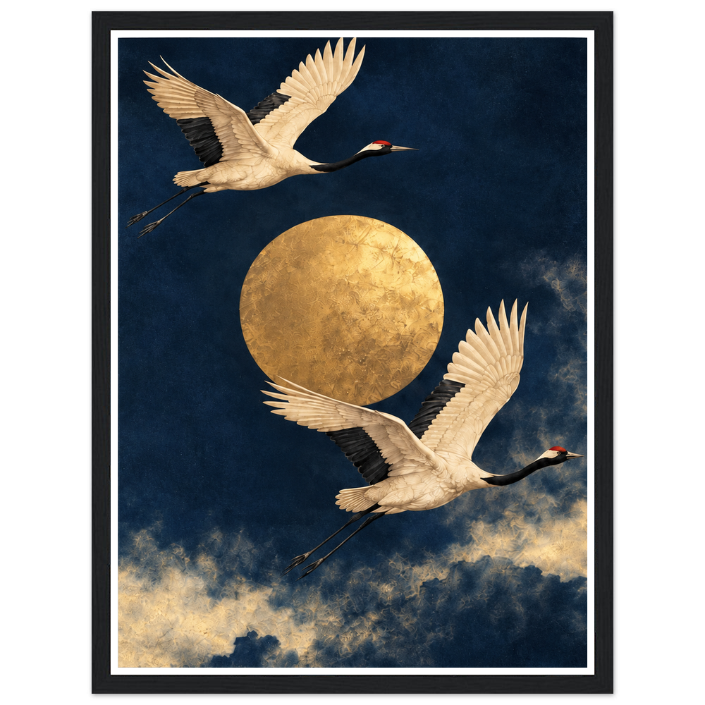 Two pale cranes flying around a golden moon above clouds in a navy sky in a black frame.
