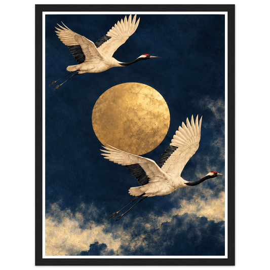 Two pale cranes flying around a golden moon above clouds in a navy sky in a black frame.
