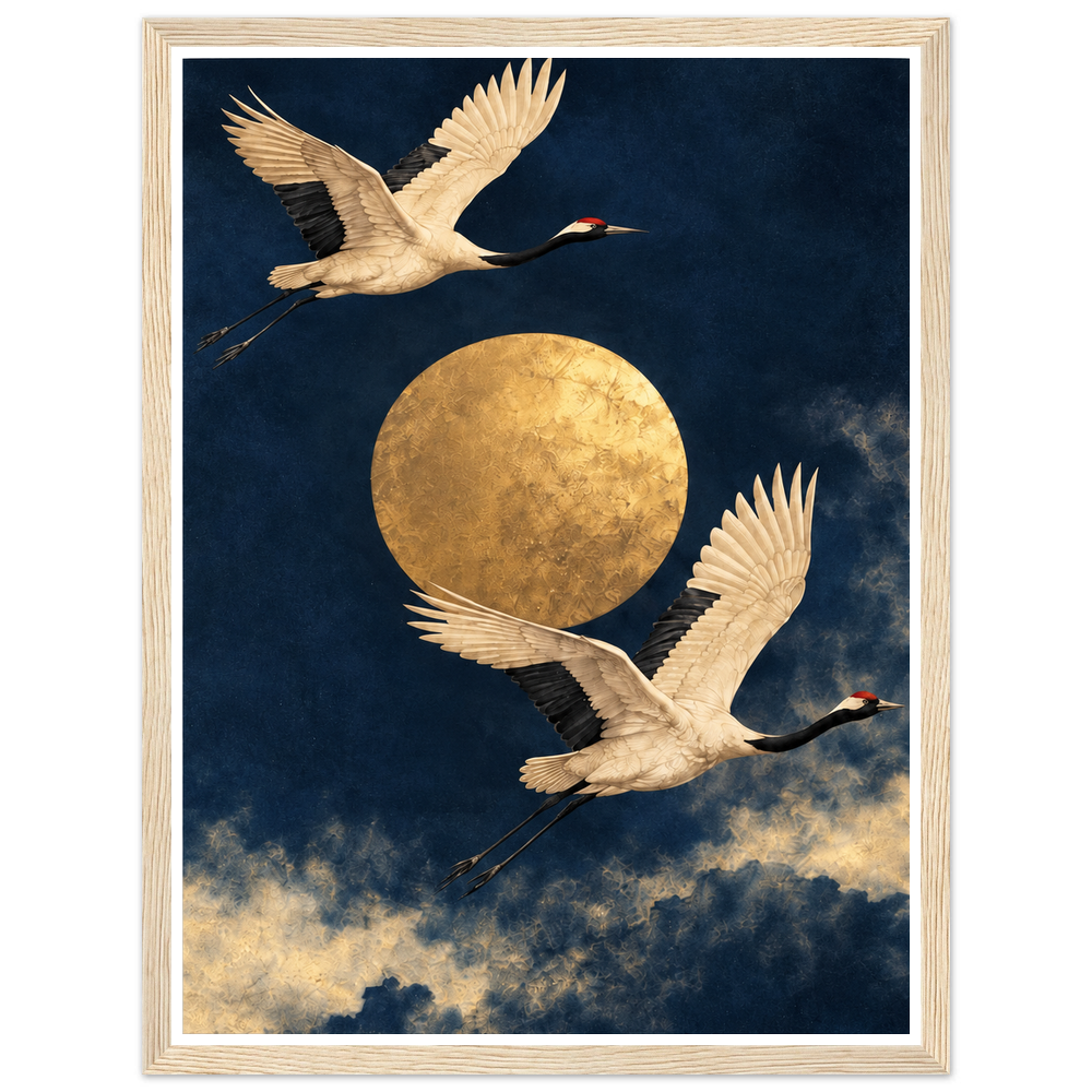 Two pale cranes flying around a golden moon above clouds in a navy sky in a natural wood frame.