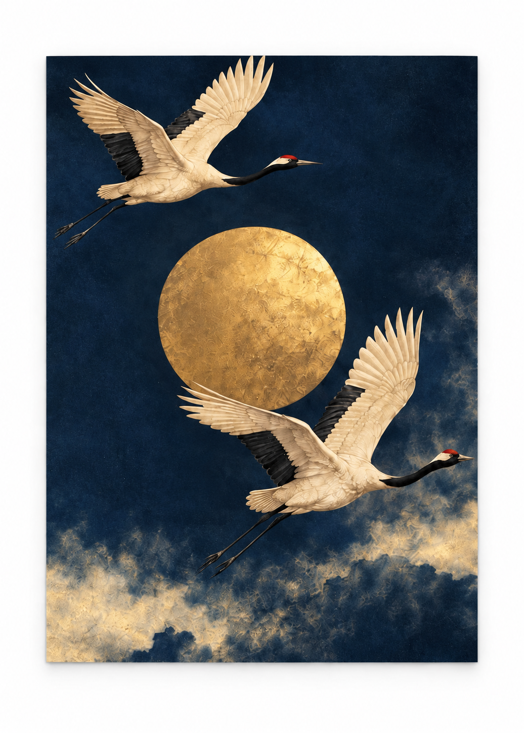 Two pale cranes flying around a golden moon above clouds in a navy sky as an unframed poster.