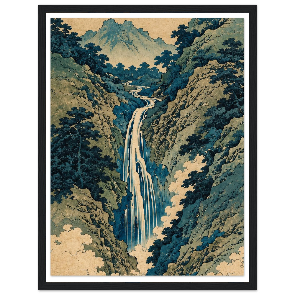 Tall waterfall between blue-green wooded cliffs with mountains in the distance in a black frame.