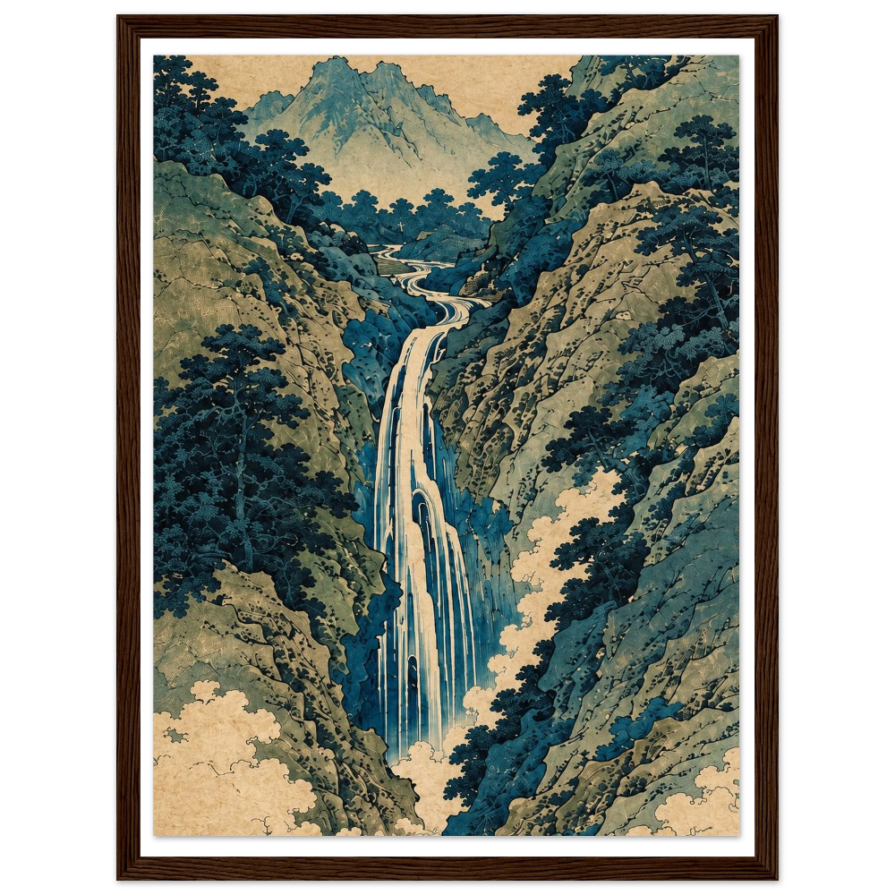 Tall waterfall between blue-green wooded cliffs with mountains in the distance in a dark wood frame.