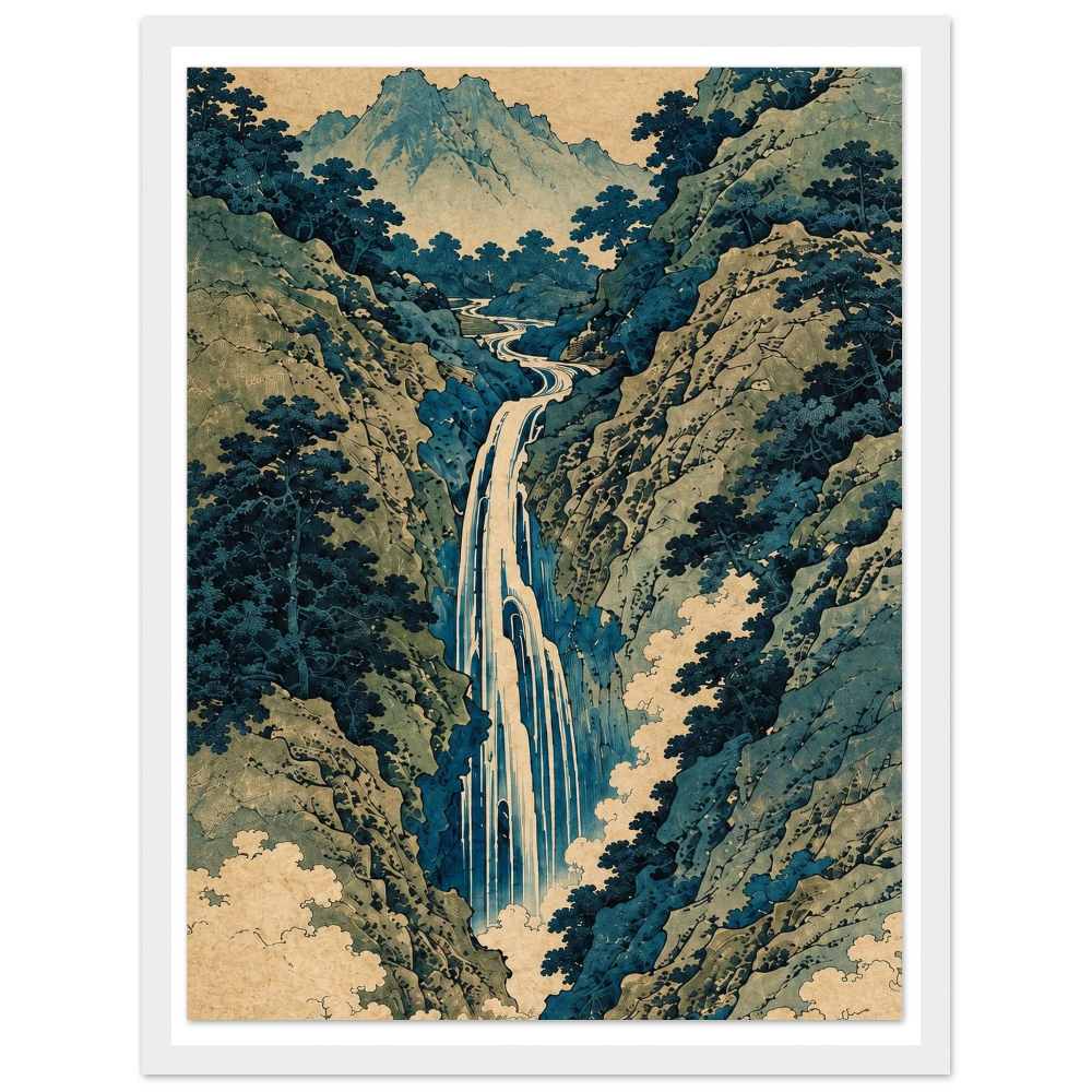 Tall waterfall between blue-green wooded cliffs with mountains in the distance in a white frame.