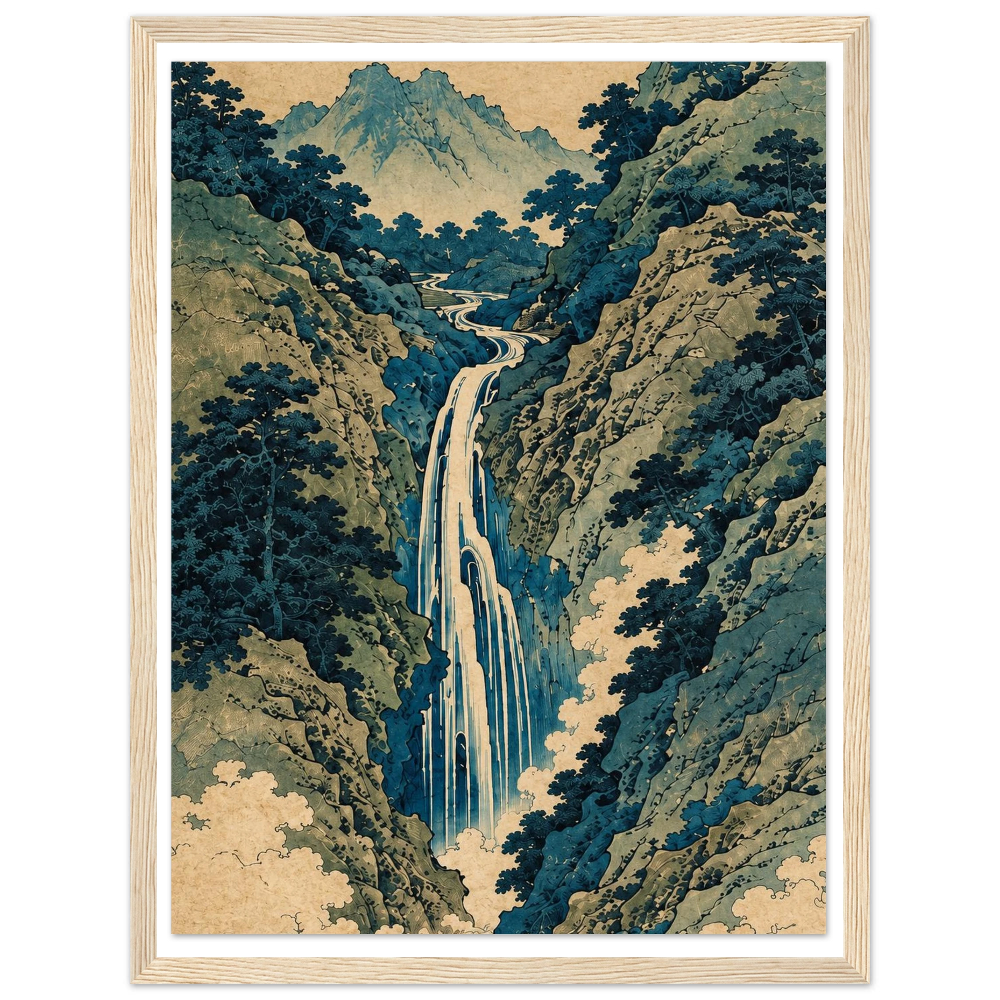 Tall waterfall between blue-green wooded cliffs with mountains in the distance in a natural wood frame.