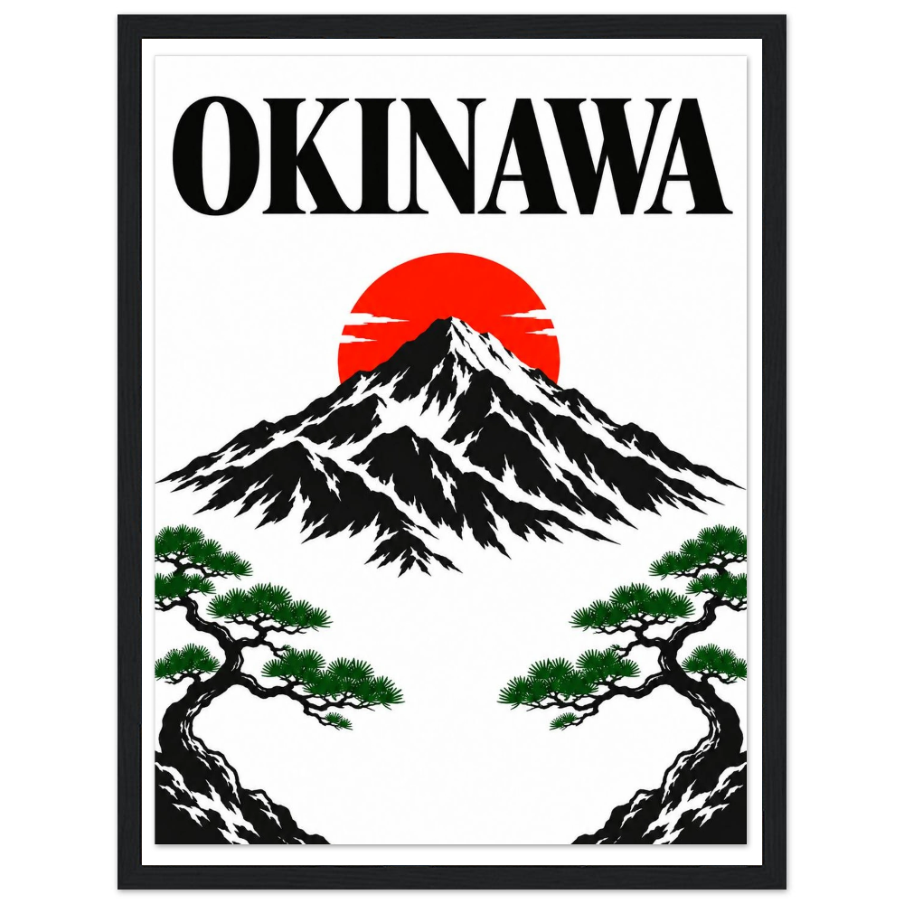 Black mountain beneath a red sun, green pine branches and bold Okinawa lettering in a black frame.