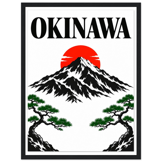 Black mountain beneath a red sun, green pine branches and bold Okinawa lettering in a black frame.