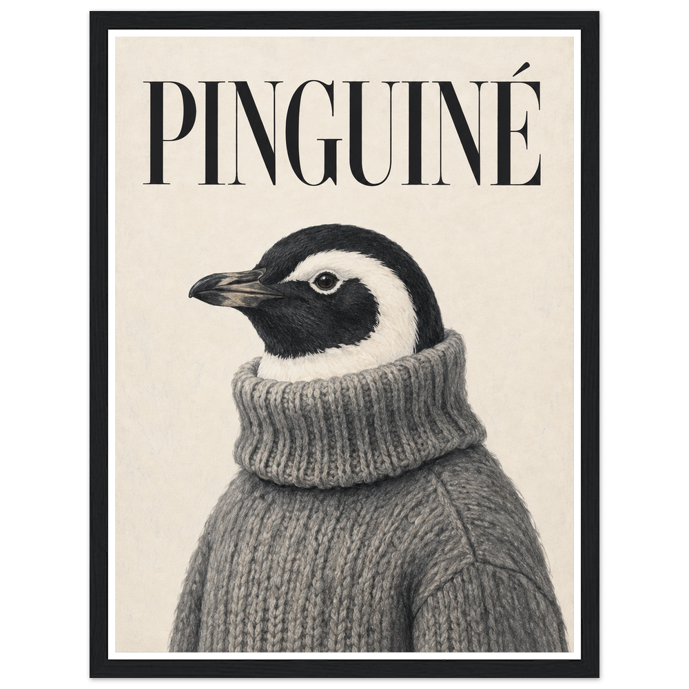 Black-and-white penguin in a grey knitted jumper beneath PINGUINÉ lettering in a black frame.