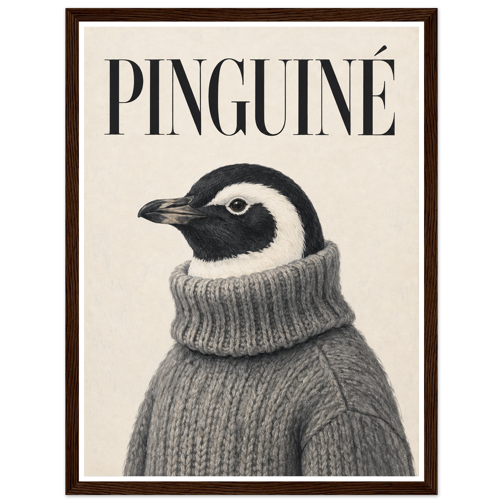 Black-and-white penguin in a grey knitted jumper beneath PINGUINÉ lettering in a dark wood frame.