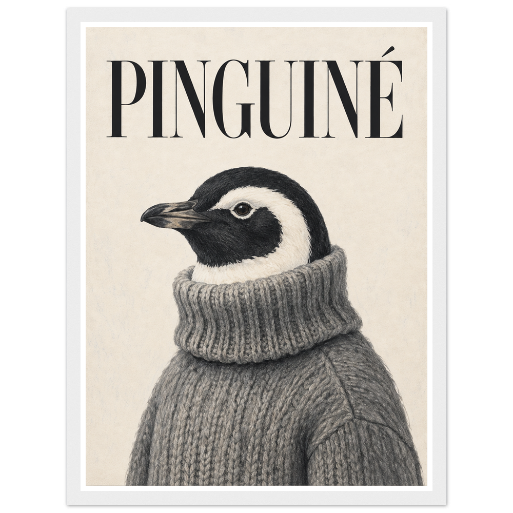 Black-and-white penguin in a grey knitted jumper beneath PINGUINÉ lettering in a white frame.