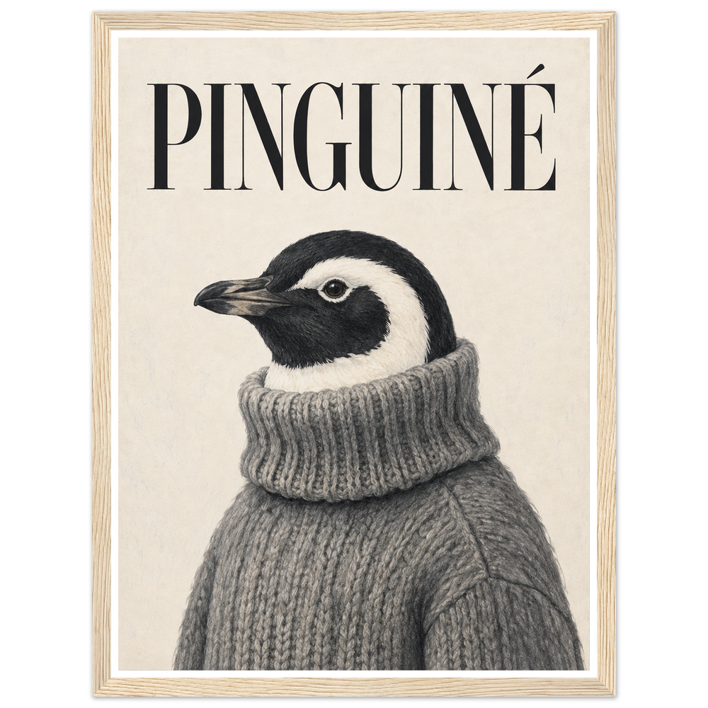 Black-and-white penguin in a grey knitted jumper beneath PINGUINÉ lettering in a natural wood frame.