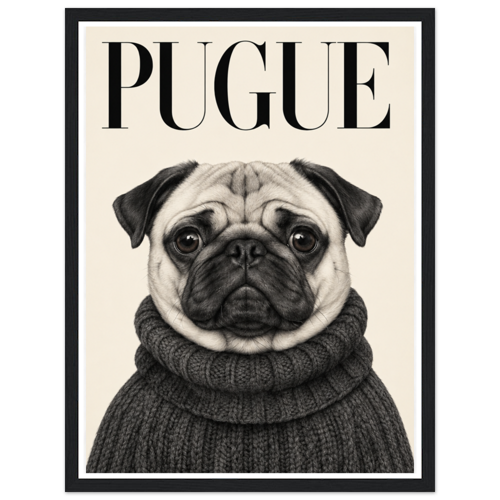 Wide-eyed pug in a charcoal turtleneck beneath black PUGUE lettering in a black frame.