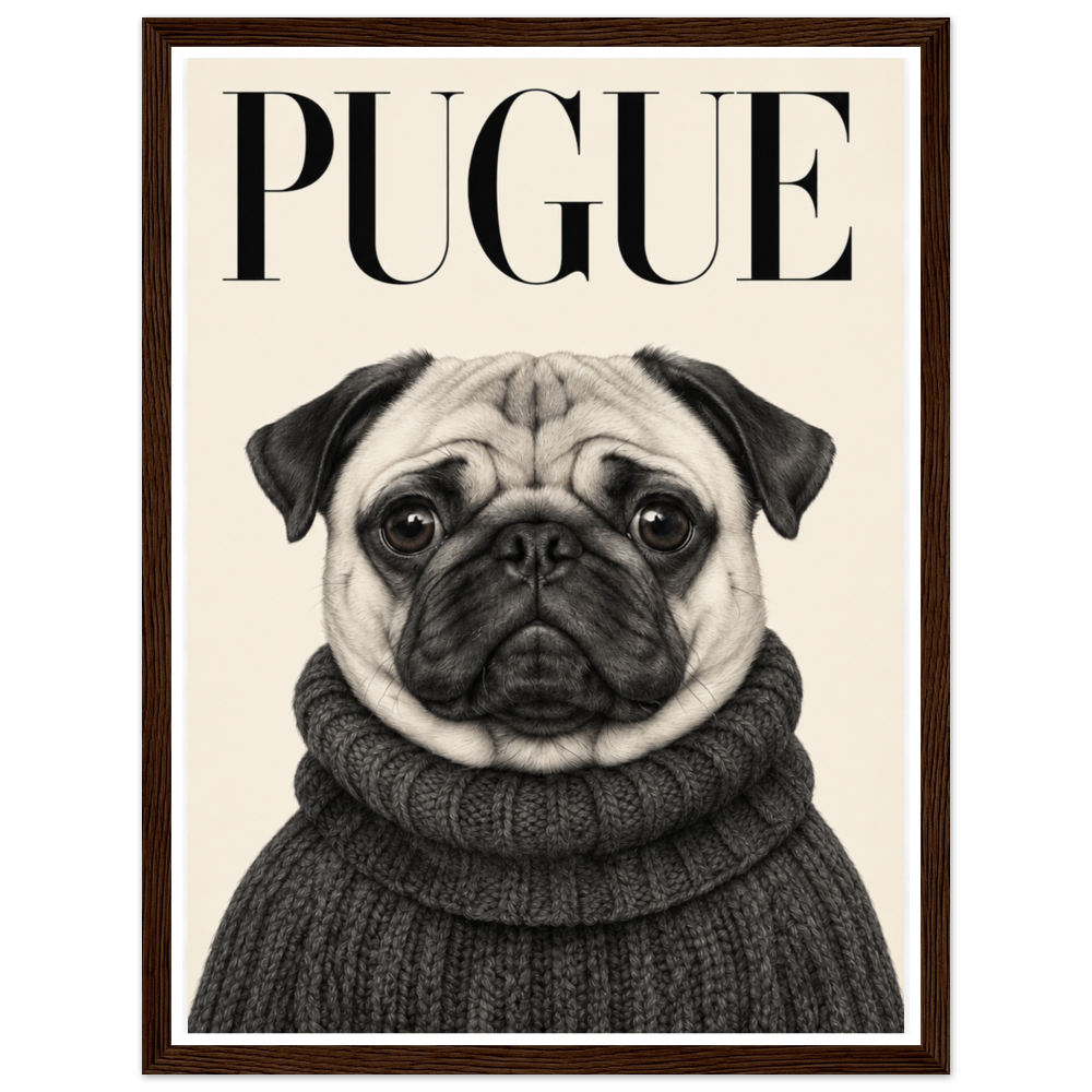 Wide-eyed pug in a charcoal turtleneck beneath black PUGUE lettering in a dark wood frame.