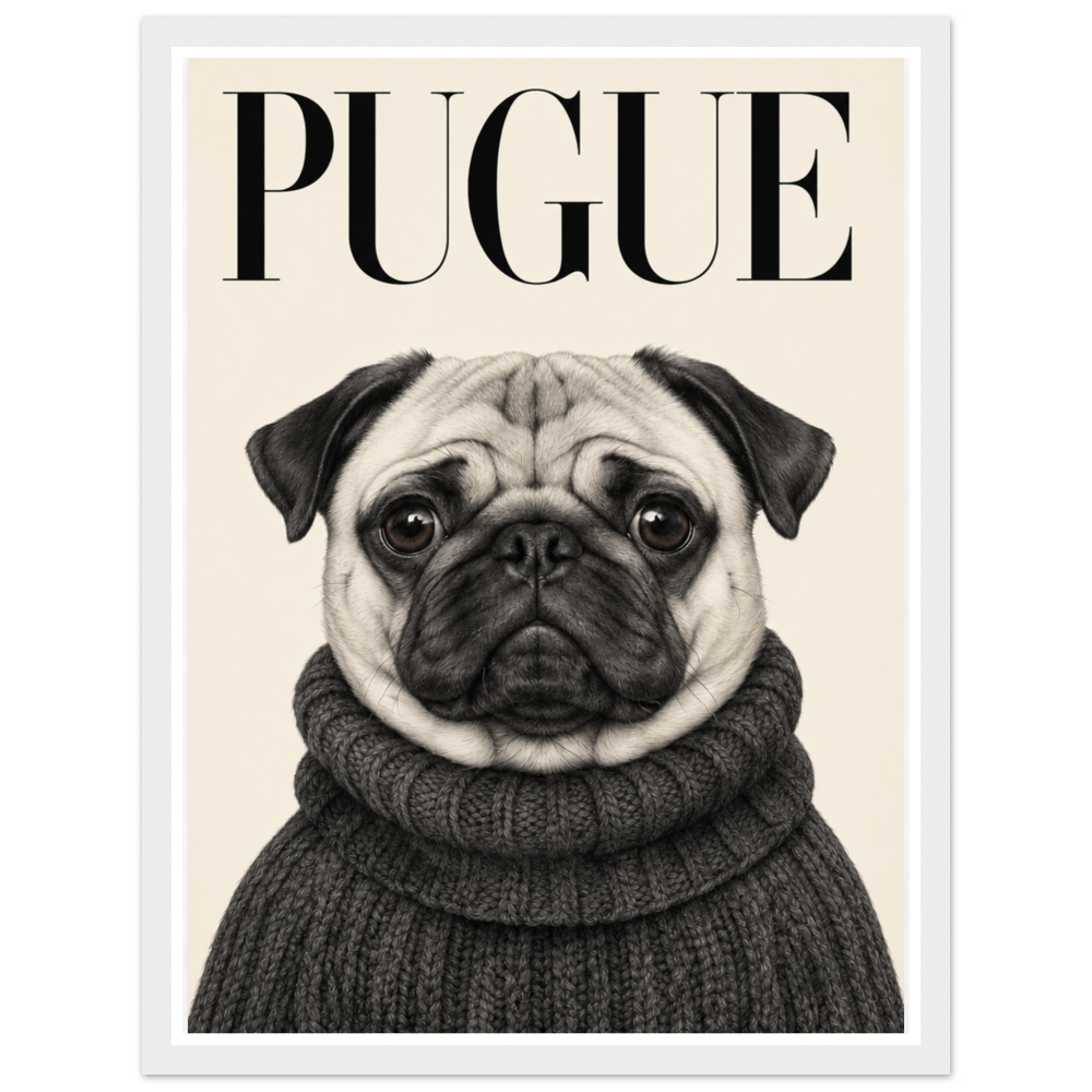 Wide-eyed pug in a charcoal turtleneck beneath black PUGUE lettering in a white frame.