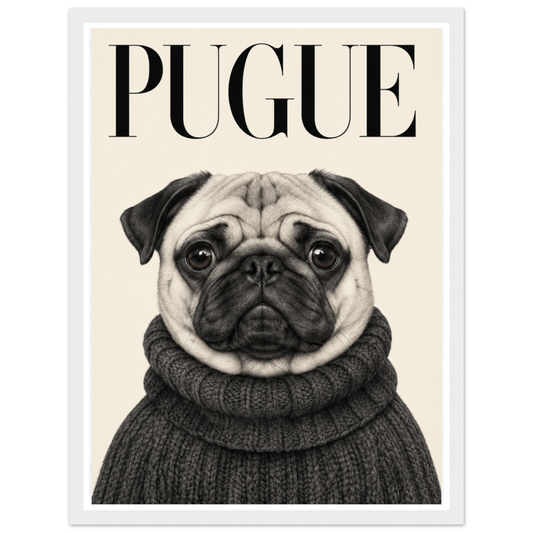 Wide-eyed pug in a charcoal turtleneck beneath black PUGUE lettering in a white frame.