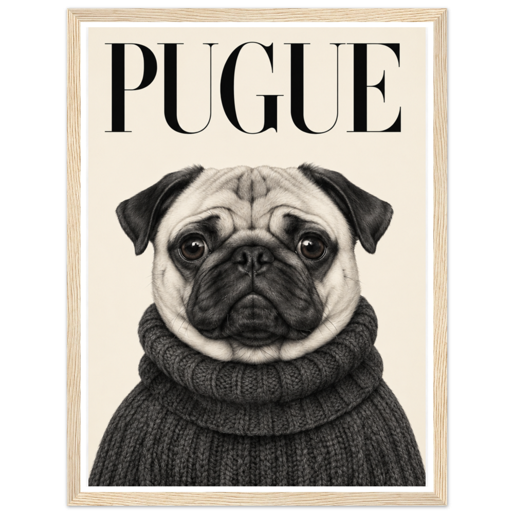 Wide-eyed pug in a charcoal turtleneck beneath black PUGUE lettering in a natural wood frame.