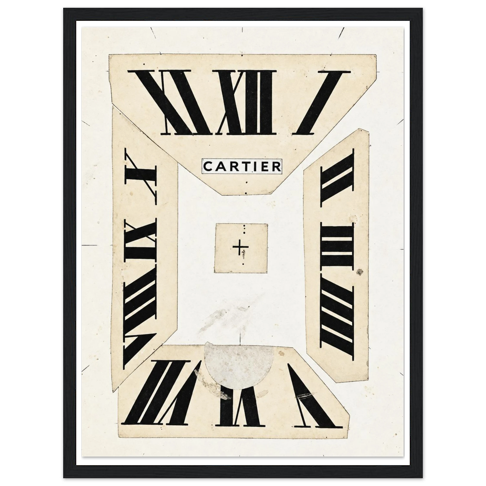 Fragmented ivory clock face with oversized black Roman numerals in a black frame.