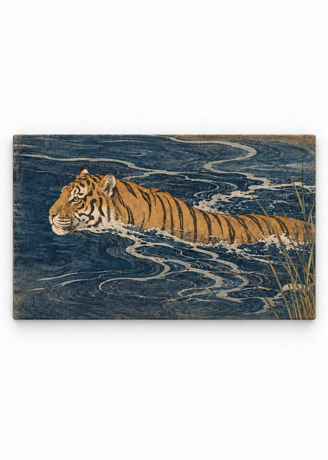 Orange tiger swimming through dark blue water with pale curling ripples printed on canvas.